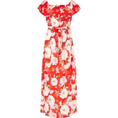 Red floral print bardot maxi dress
